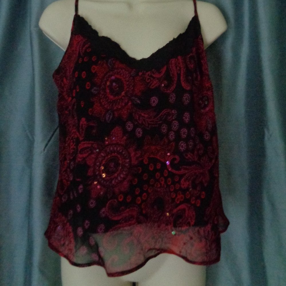 • RENE DERBY Collection Camisole Top •Blouse Sparkles Lacy Sexy Burgundy Size M